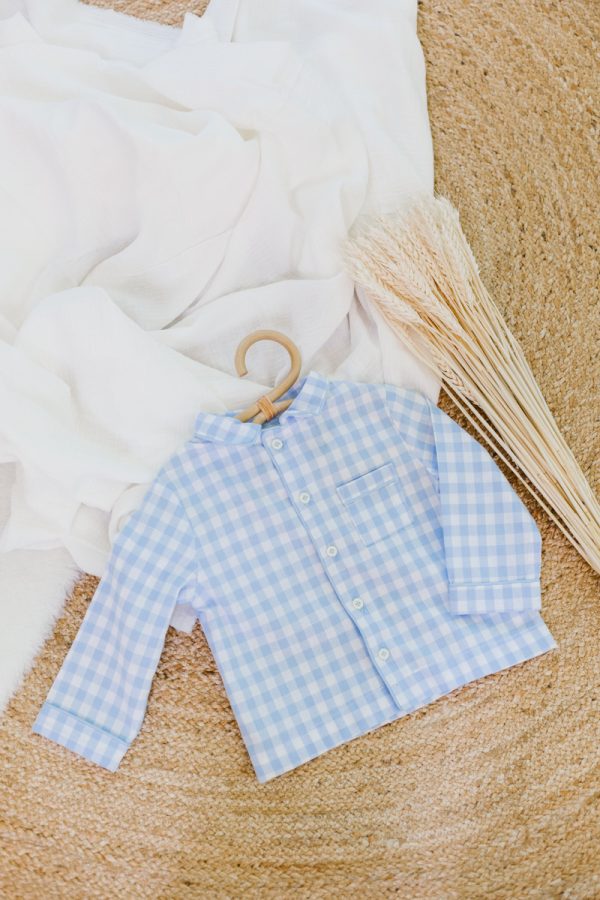 pyjama mixte à vichy bleu clair et blanc en 100% coton